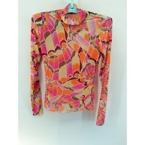AFRM Los Angeles Mesh Mock Neck Long Sleeve Top Abstract Print Size Small